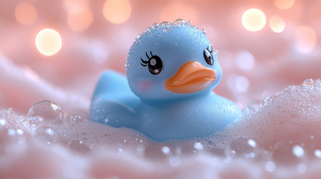 Blue rubber duck in pink bubble bath with bokeh lights, playful and serene atmosphere. Childhood fun and relaxation conceptの素材