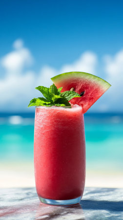Refreshing watermelon cocktail with mint garnish on a sunny beach, vibrant colors. Tropical vacation and relaxation conceptの素材