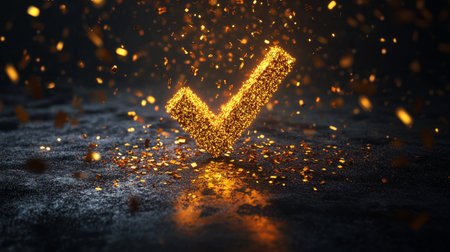 Glowing golden check mark made of particles on dark background, floating in a dramatic light. Success and achievement conceptの素材