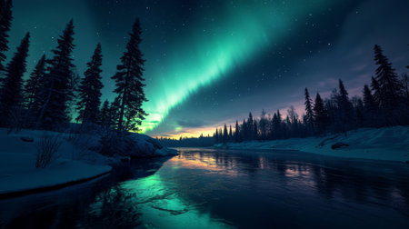Vibrant aurora borealis over serene snow-covered river with evergreen forest and starry sky. Natural phenomenon and winter wonderland conceptの素材