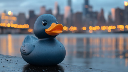 Blue rubber duck with water droplets on city waterfront, urban skyline in soft focus. Playful cityscape conceptの素材