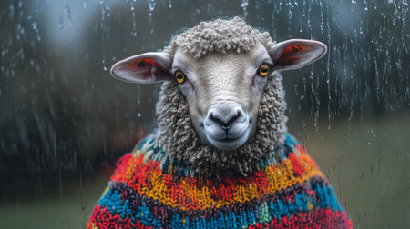 Sheep in colorful knitted sweater standing in front of rainy window, close-up portrait. Cozy and whimsical animal fashion conceptの素材
