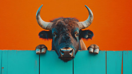 Buffalo peeking over turquoise fence, orange background. Curiosity and nature conceptの素材