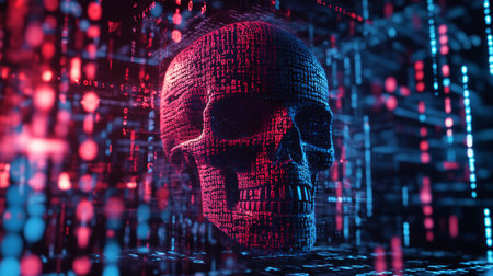 Digital skull with red coding on dark background, illuminated in blue and red lights. Cybersecurity threat and hacking concept.の素材