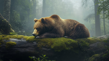 Brown bear resting on a moss-covered log in a misty forest. Wildlife tranquility and natural habitat conceptの素材