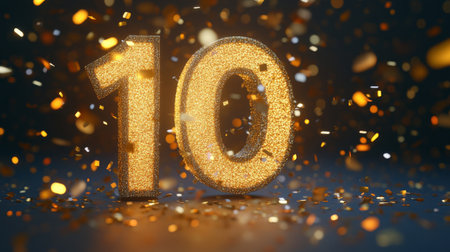Golden anniversary celebration with glittering number ten and confetti, festive background. Milestone event and celebration conceptの素材