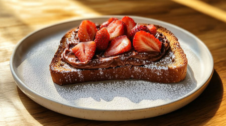 Delicious strawberry and chocolate spread toast on white plate with powdered sugar, sunlight ambiance. Gourmet breakfast and indulgence conceptの素材