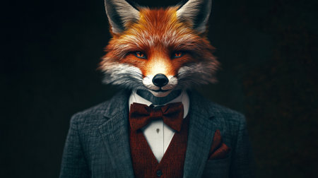 Fox in suit with red bow tie, wearing a formal jacket, against a dark background, surreal animal portrait. Anthropomorphic art and fashion conceptの素材