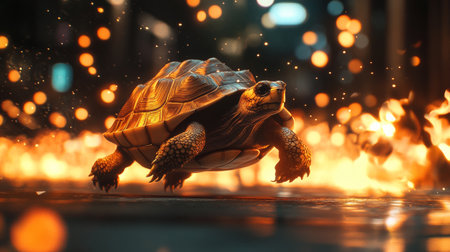 Turtle walking through vibrant fire with blurred bokeh lights, dramatic atmosphere. Resilience and survival conceptの素材