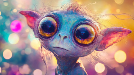 Cute alien creature with big eyes and colorful bokeh background, fantasy art. Imagination and creativity conceptの素材