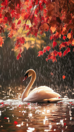 Swan gliding on serene water under autumn raindrops with vibrant red leaves in background. Tranquil nature and peaceful ambiance conceptの素材