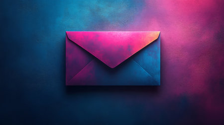 Vibrant pink and blue envelope on textured background with dramatic lighting. Creative communication and artistic expression conceptの素材