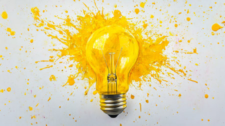 Yellow light bulb with paint splash on white background, abstract creativity and innovation conceptの素材