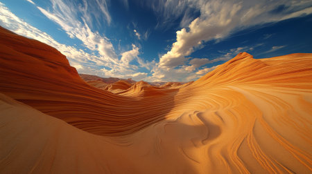 Golden sandstone formations under a vibrant blue sky with dramatic clouds, wavy textures and deep shadows. Nature and geology conceptの素材