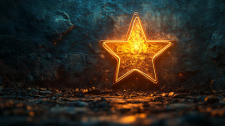Glowing neon star on a textured dark blue wall background with scattered debris. Futuristic decoration and modern art conceptの素材