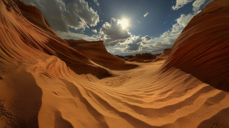 Sunlit sandstone formations under a dramatic cloudy sky in desert landscape, panoramic view. Outdoor adventure and exploration conceptの素材