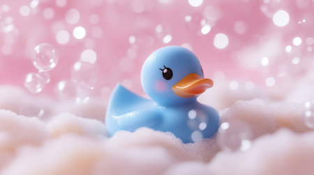 Blue rubber duck in bubbly foam against pink background with bokeh effect. Childhood and playful bath time conceptの素材