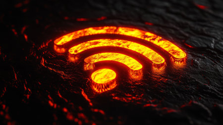 Glowing orange wifi symbol on dark scaly surface, illuminated texture. Digital communication and connectivity conceptの素材