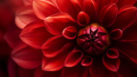 Close-up of vibrant red dahlia flower with intricate petals and soft lighting, detailed nature study and floral beauty conceptの素材
