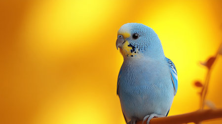 Blue budgerigar perched on a branch against a vibrant yellow background, detailed and vivid colors. Birdwatching and wildlife photography conceptの素材