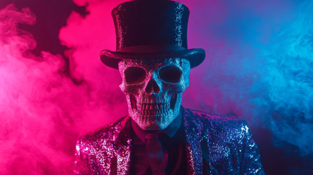 Glittering skull mask with top hat in pink and blue smoke, dramatic lighting. Halloween costume and mysterious party conceptの素材