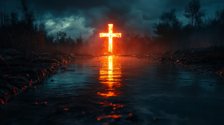 Glowing cross reflected in water during stormy night, surrounded by dark landscape and trees. Spiritual symbolism and mystery atmosphere conceptの素材