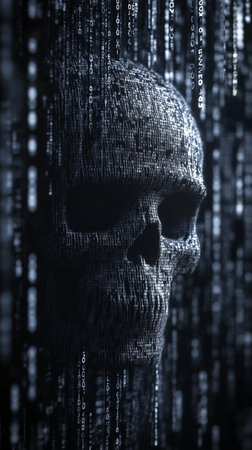 Digital skull made of binary code on dark background, conceptual image. Cybersecurity and hacking threat conceptの素材