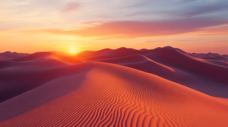 Desert landscape with sand dunes at sunset, vibrant orange hues and dramatic sky. Tranquil and serene nature conceptの素材