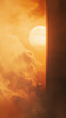 Sunset sky with dramatic clouds and sun partially hidden by a skyscraper in warm orange hues. Urban skyline and nature harmony conceptの素材