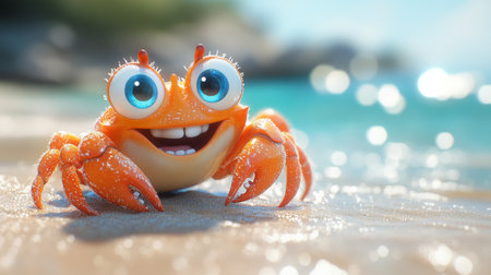 Smiling cartoon crab with large eyes on sunny beach, sparkling sea in background. Summer fun and adventure conceptの素材
