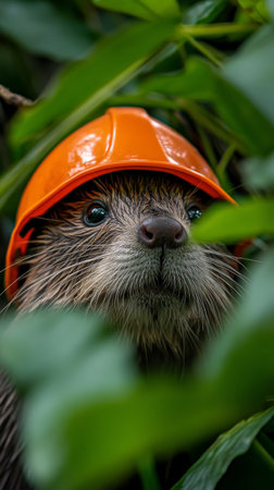 Cute otter wearing an orange hard hat peeking through lush green leaves, wildlife humor. Nature and protective gear conceptの素材