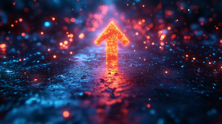 Glowing red arrow on wet reflective surface with abstract bokeh lights in background. Futuristic direction and progress conceptの素材