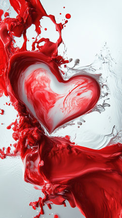 Heart shape formed by swirling red and white liquid splashes, dynamic and vibrant. Love and passion conceptの素材