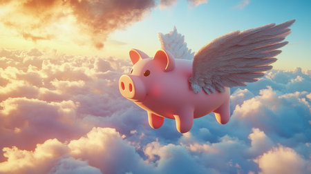 Pink pig with wings flying through a colorful sky above clouds, surreal fantasy scene with a whimsical touch. Imagination and creativity conceptの素材