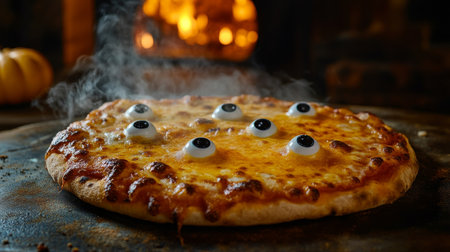 Steaming pizza with eyeball toppings on rustic table near wood-fired oven, halloween theme. Creative culinary and spooky food conceptの素材