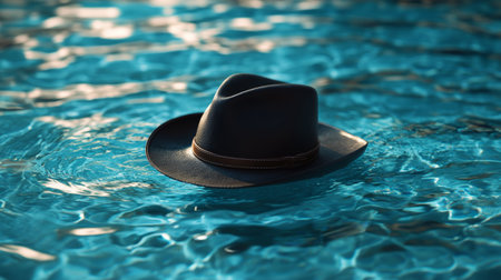 Black cowboy hat floating in sparkling blue swimming pool under sunlight, symbolic imagery. Relaxation and carefree conceptの素材