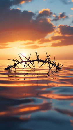 Silhouette of thorny branch in calm ocean against vibrant sunset with orange clouds. Natures resilience and serenity conceptの素材