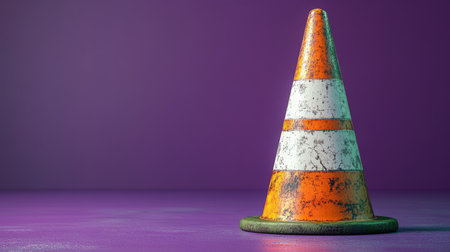 Worn traffic cone with orange and white stripes on purple background, sign of caution. Transportation and safety conceptの素材