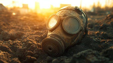 Gas mask on barren earth at sunset, warm tones. Environmental and post-apocalyptic conceptの素材