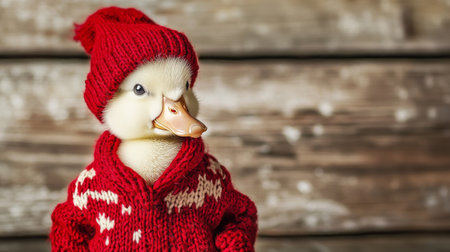 Cute duckling wearing a red knitted sweater and hat with wooden background. Adorable animal in winter clothing conceptの素材