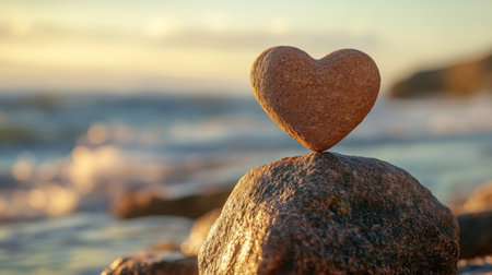 Heart-shaped stone balancing on a larger rock at sunset by the sea, warm glow and serene atmosphere. Love and tranquility in nature conceptの素材