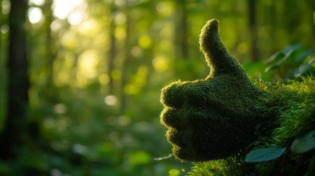 Green moss-covered hand giving thumbs up gesture in forest with sunlit background. Environmental harmony and nature appreciation conceptの素材