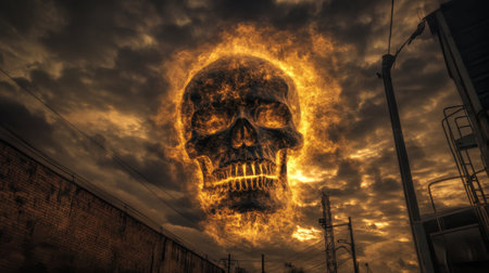 Burning skull in dramatic cloudy sky over industrial landscape at twilight. Apocalyptic fantasy and surreal art conceptの素材