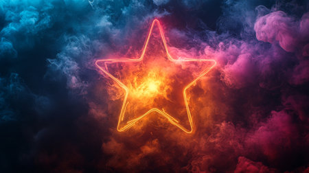 Neon star glowing amid swirling colored smoke, dramatic lighting effect. Futuristic art and design conceptの素材