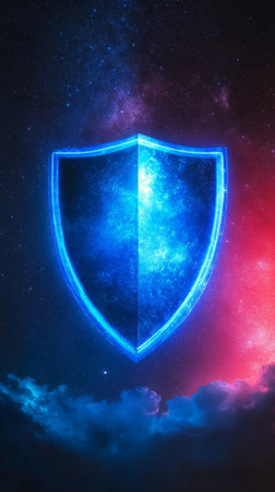 Glowing blue shield against a cosmic background with starry night and nebula hues. Cybersecurity and protection conceptの素材