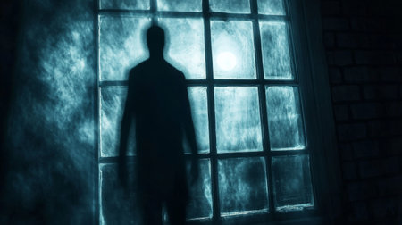Eerie silhouette of a figure in front of a moonlit window at night, mysterious and unsettling atmosphere. Paranormal and horror conceptの素材
