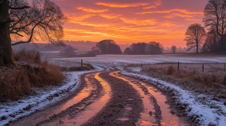 Winding snowy rural path with vibrant sunset sky and reflections, serene winter landscape. Tranquil countryside and nature scenery conceptの素材