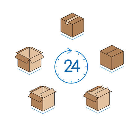 Cardboard boxes with clock isolated on white backgroundのイラスト素材