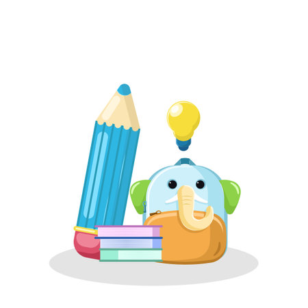 Cute cartoon monster with books, pencil and light bulb. Vector illustration.のイラスト素材