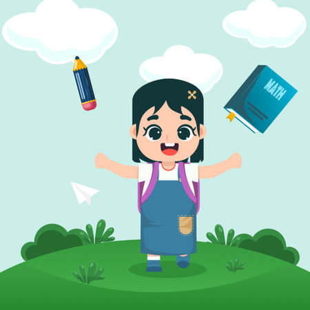 cute little student girl with book and pencil in the park vector illustrationのイラスト素材
